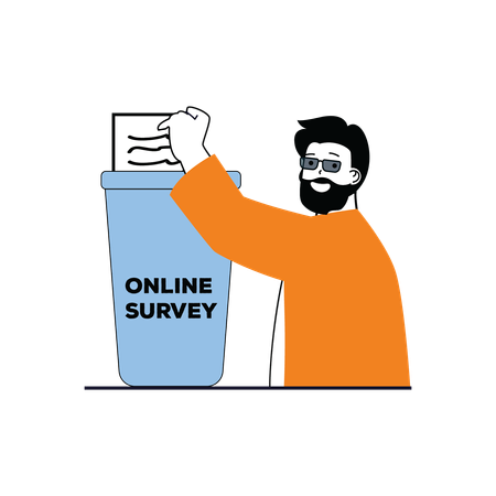 Beard man dropping survey form in online survey bucket  イラスト