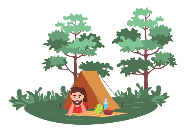 Beard man enjoying camping site Illustration
