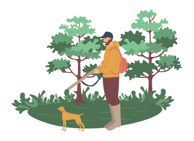 Beard man going for hunting in forest Illustration