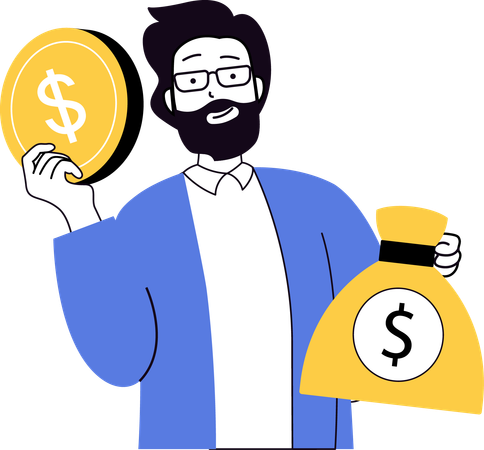 Beard man holding dollar and money bag  Illustration