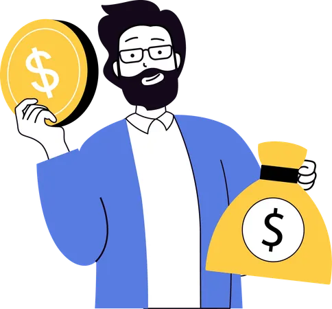 Beard man holding dollar and money bag  Illustration