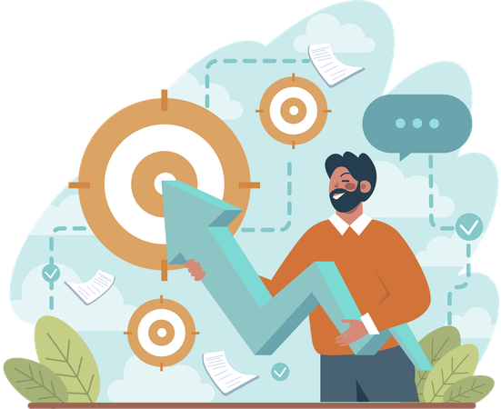 Beard man holding growth arrow with business goal  Illustration