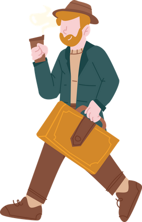 Beard man holding portfolio and walking  Illustration