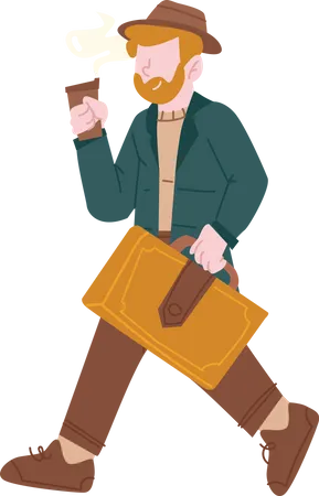 Beard man holding portfolio and walking  Illustration