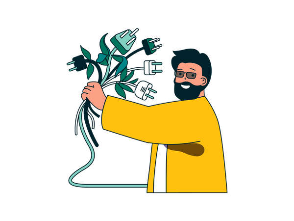 Beard man holding power plugs in hands Illustration