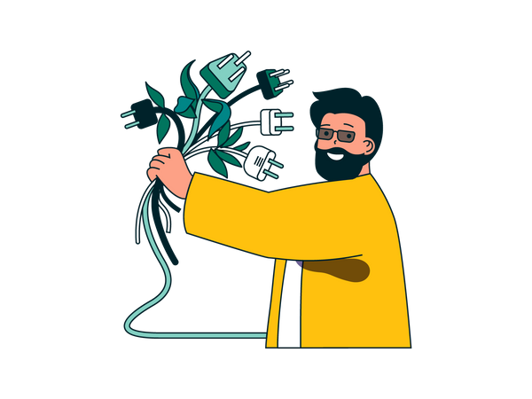 Beard man holding power plugs in hands  Illustration