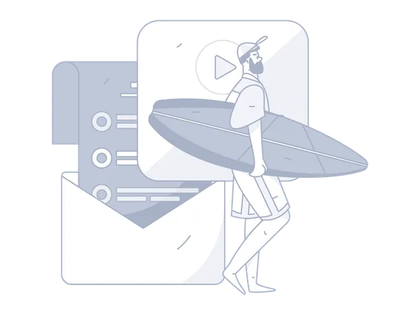Beard man holding surfing board while thinking about task mail  Illustration
