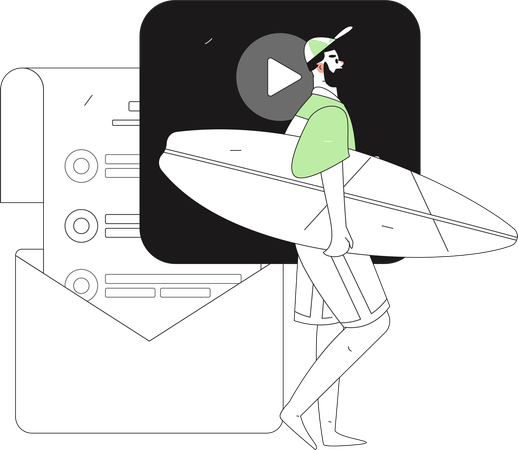 Beard man holding surfing board while thinking about task mail  Illustration