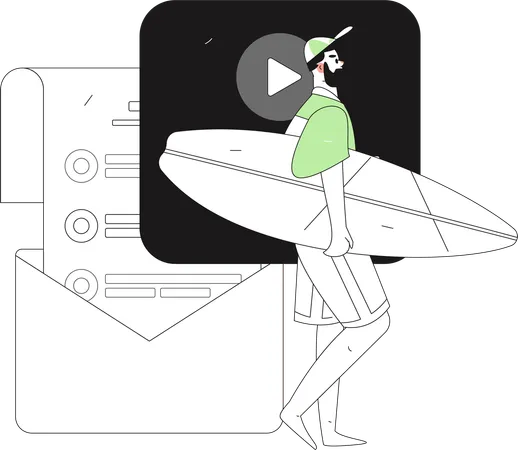 Beard man holding surfing board while thinking about task mail  Illustration