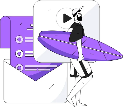 Beard man holding surfing board while thinking about task mail  Illustration