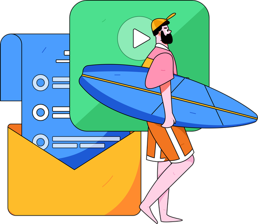 Beard man holding surfing board while thinking about task mail  Illustration