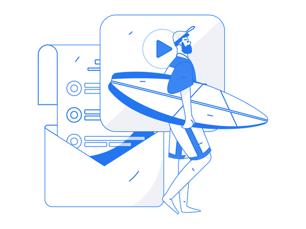 Beard man holding surfing board while thinking about task mail  Illustration