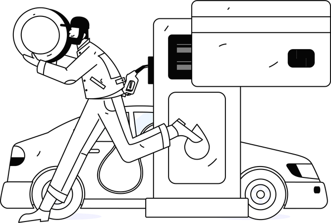 Beard man holding yen coin while doing car refuelling payment at fuel pump  Illustration