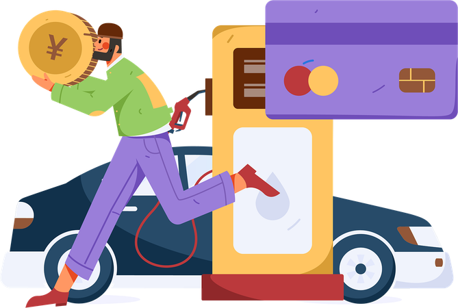 Beard man holding yen coin while doing car refuelling payment at fuel pump  Illustration