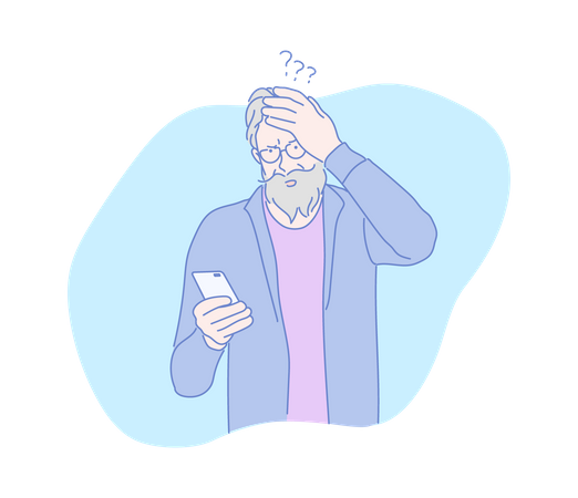 Beard man looking at mobile and feeling confused  Illustration
