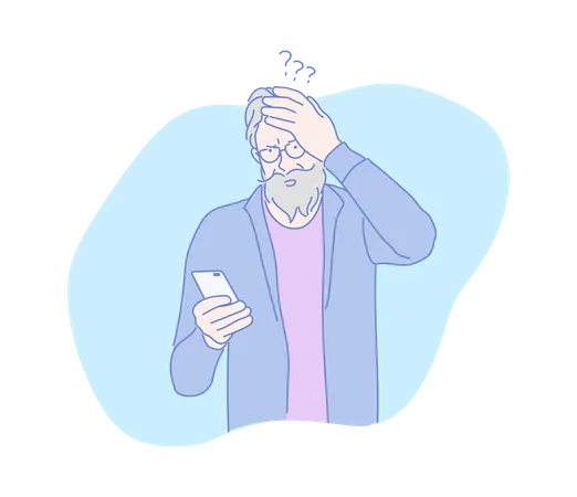 Beard man looking at mobile and feeling confused  Illustration