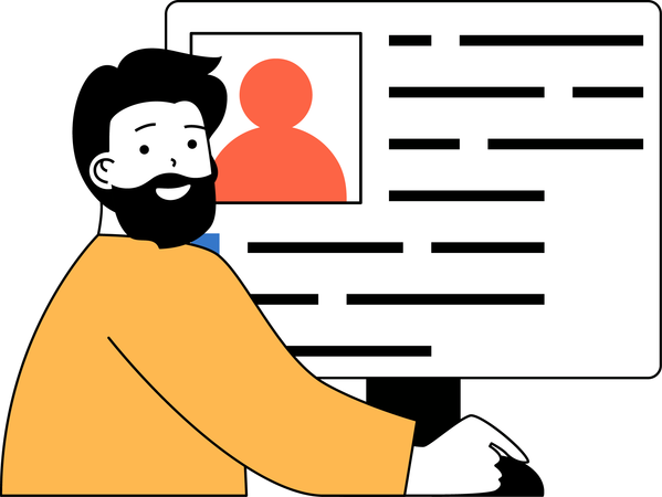 Beard man looking online employee profile  Illustration