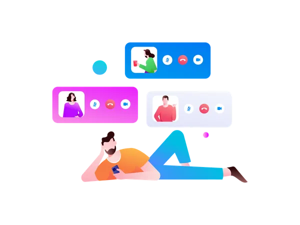 Beard man lying on floor while doing video chat on mobile  Illustration