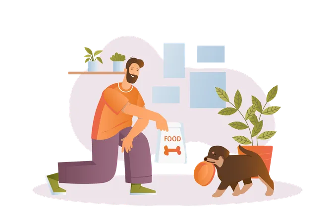 Beard man playing ball with his dog  Illustration