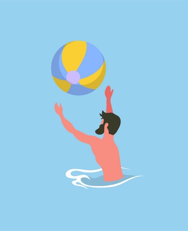 Beard man playing beach ball in ocean Illustration