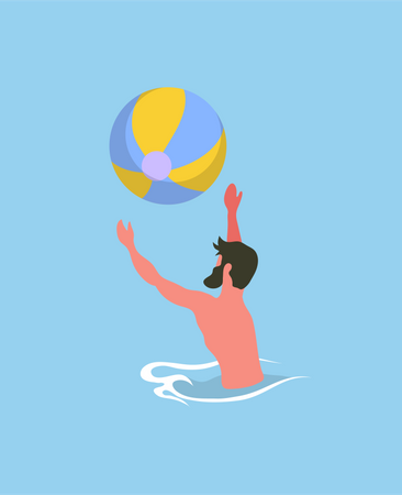 Beard man playing beach ball in ocean  Illustration