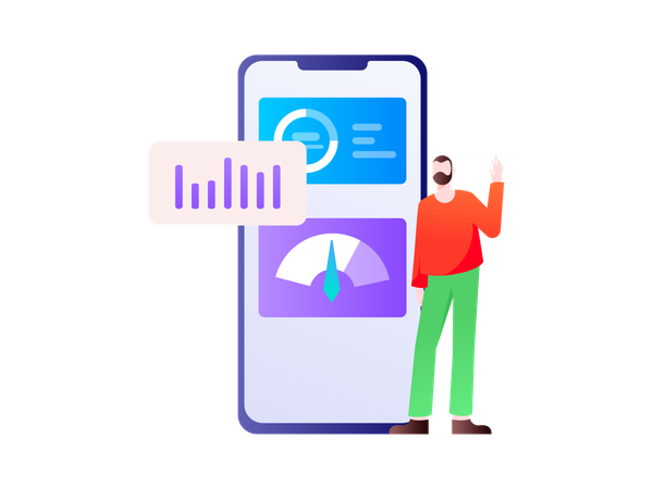 Beard man showing business report on mobile  Illustration