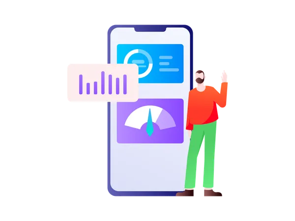 Beard man showing business report on mobile  Illustration