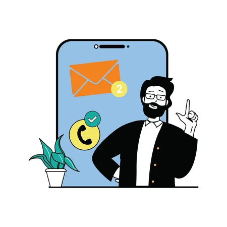 Beard man showing email and call notifications on phone  イラスト