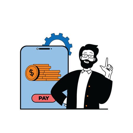 Beard man showing online payment process  Illustration
