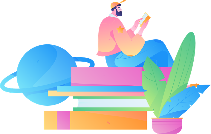 Beard man sitting on books while reading book  Illustration