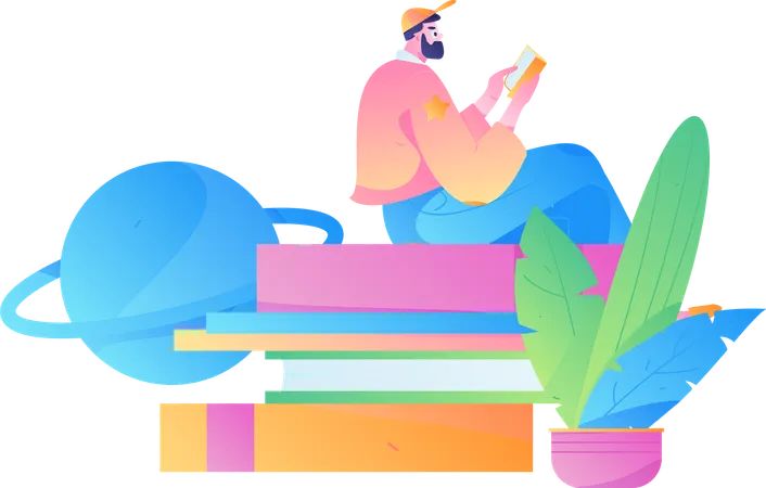 Beard man sitting on books while reading book  Illustration