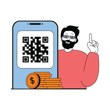 Beard man taking payment through qr code  Illustration