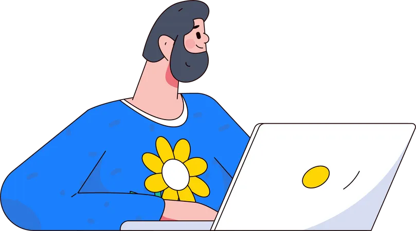 オフィスでノートパソコンを操作するひげの男性  イラスト