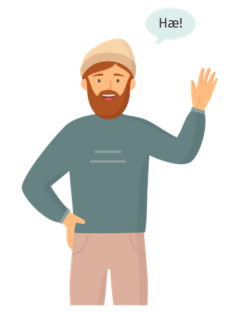 Bearded adult man in casual clothes say hello Illustration