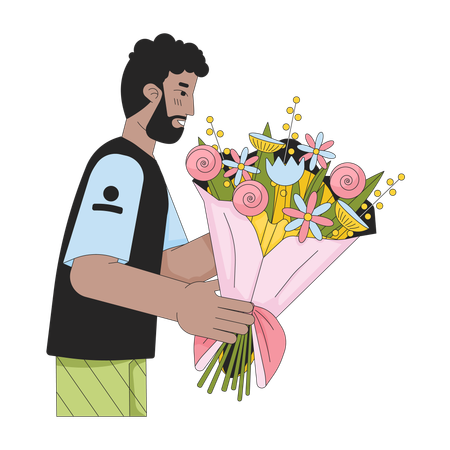 Bearded black man holding bouquet  일러스트레이션