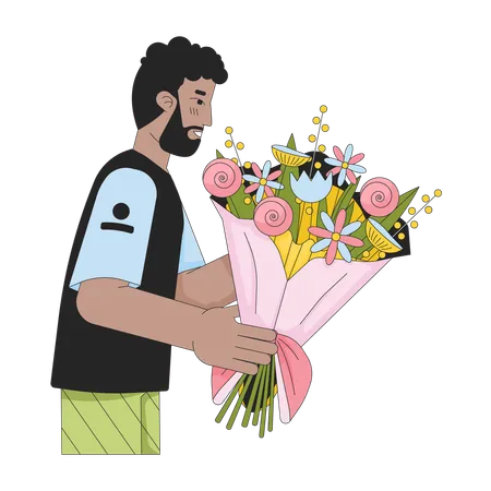 Bearded Black Man Holding Bouquet 2 D Linear Cartoon Character Getting Flowers African American Male Isolated Line Vector Person White Background Floral Congratulation Color Flat Spot Illustration 일러스트레이션