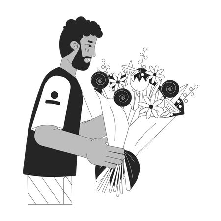 Bearded black man holding bouquet  イラスト