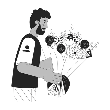 Bearded Black Man Holding Bouquet Black And White 2 D Line Cartoon Character Getting Flowers African American Male Isolated Vector Outline Person Floral Congrats Monochromatic Flat Spot Illustration イラスト