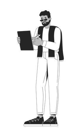 Bearded casual black man holding digital tablet and stylus  Illustration