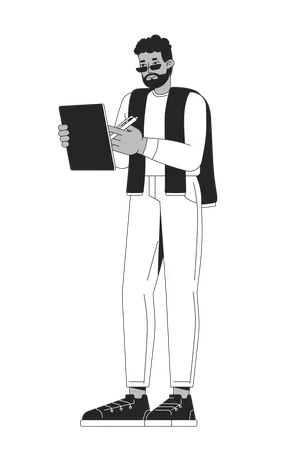 Bearded casual black man holding digital tablet and stylus  Illustration