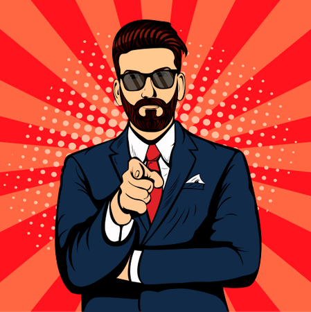 Bearded hipster businessman pointing finger pop art retro vector  Illustration