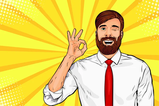 Bearded hipster man in glasses winks and shows okay or OK gesture Illustration