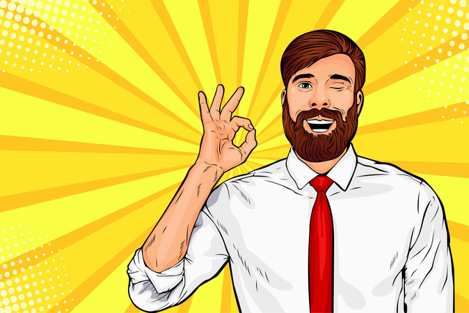 Bearded hipster man in glasses winks and shows okay or OK gesture  Illustration