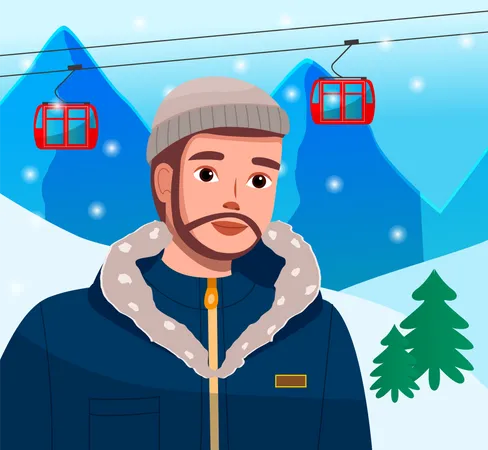 Traveler Young Bearded Man Resting In A Ski Resort Stands Against The Backdrop Of Snowy Hills And A Ski Lift Male Character In A Warm Jacket With A Hood In Winter Landscape High In The Mountains Illustration