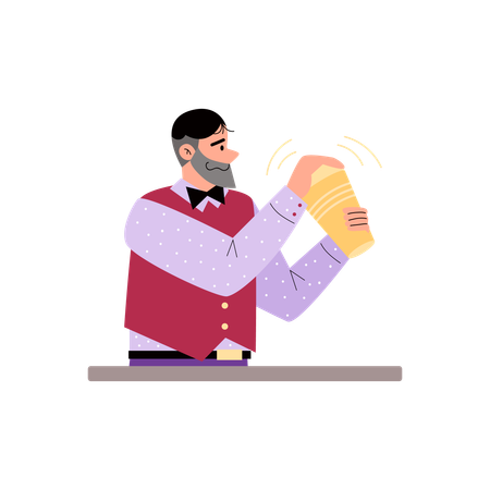 Bearded man bartender mixing drink with shaker  Illustration