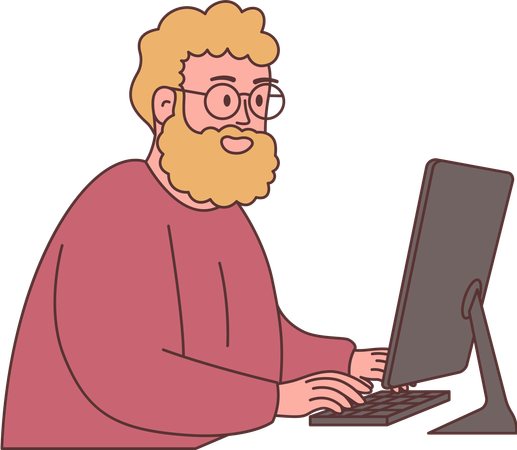 Bearded Man Employee Character Wearing Glasses Working with Computer  Illustration