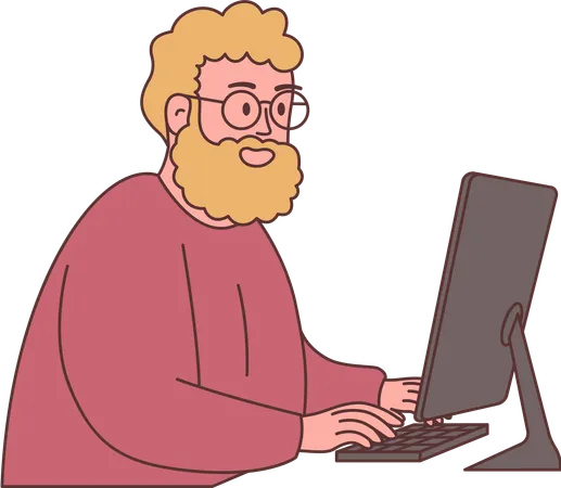 Bearded Man Employee Character Wearing Glasses Working with Computer  Illustration