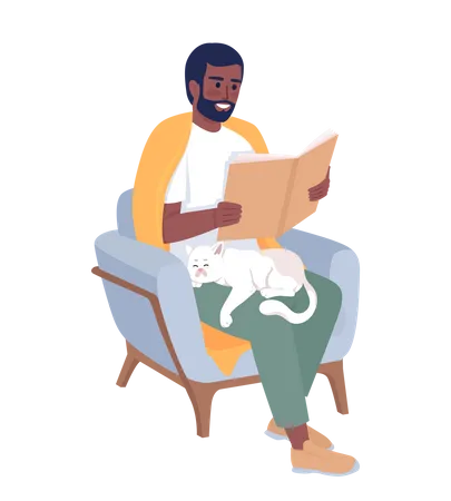 Bearded man enjoying book with cute cat on lap  Illustration