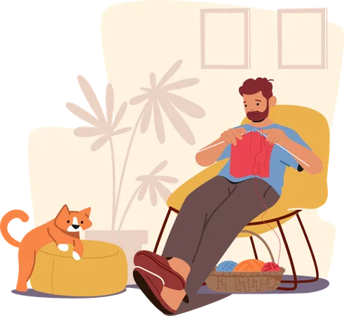 Bearded Man Focused On Knitting Sweater  Illustration