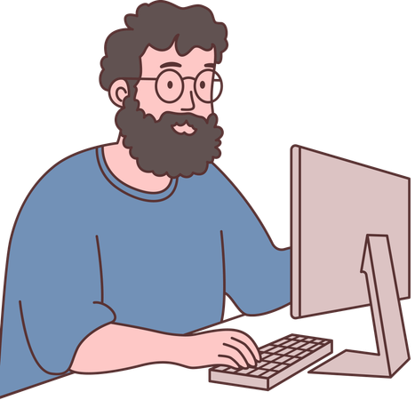 Bearded Man Freelance Character Wearing Glasses Working with Computer  Illustration